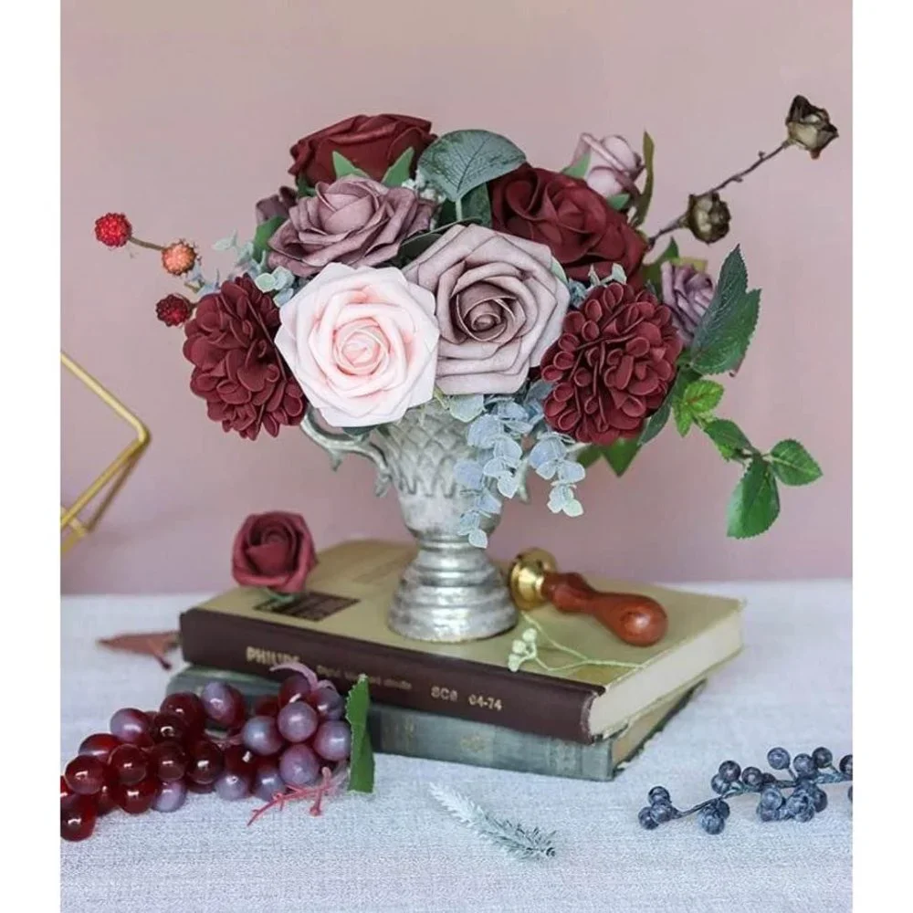 24 count Burgundy Hydrangeas Dusty Rose Flowers Pink Blush Bouquet Centerpiece